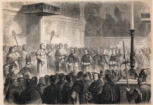 Audiens holdt af pave Pius IX (Pio) (1792-1878) til udenlandske gejstlige i Det Sixtinske Kapel (cappella sistina) i Rom i anledning af fejringen af kanoniseringen af de 26 "martyrer af Japan", en gruppe katolikker korsfæstet i Japan i 1597 af Unknown artist