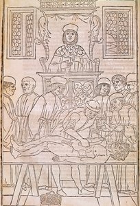 Obduktion. Codice. Liget af en død mand dissekeres af læger til en anatomiundersøgelse. “” Fasciculus Medicinae””. Codex af en læges fascicle af Johannes Kethan af Unknown artist