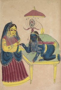 Baby Krishna beder om smør fra Yashoda af Unknown artist