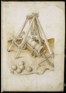 Kuglepistol og elevator - Manuskript: pergamentark af en ingeniørmanual til opførelse af civile, religiøse og militære bygninger, anonym, slutningen af det 15. århundrede (figur med kinesisk blæk) af Unknown artist