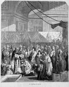 Bapteme of Clovis af Anastase II i katedralen i Reims den 25. december 498 - i "Histoire des popes"", bd. 1, Maurice Lachatre. af Unknown artist