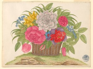 Kurv med blomster og blade på jorden af Unknown artist
