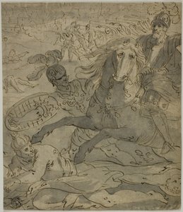 Kampscene med opladningsgeneral til hest i forgrunden, artilleri og kanoner i baggrunden af Unknown artist