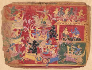 Slaget mellem Krishnas og Banas styrker, fra en kopi af den spredte Bhagavat Purana af Unknown artist