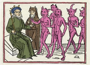 Belials retssag: "Belial-dæmonen ledsaget af fire andre dæmoner er til stede for dommer Solomon" "Gravering fra "The Belial-processen"" af Jacobus de Teramo (eller Palladino), Ausburg af Unknown artist