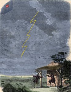 Benjamin Franklin, filosof, fysiker og amerikansk ambassadør, der eksperimenterer med sin lynafleder monteret på en drage. september 1752. af Unknown artist