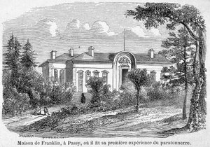 Benjamin Franklins hus i Passy, hvor han gjorde sin første oplevelse med lynafleder - gravering af Unknown artist