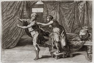 Bibelen fra Royaumont, Det Gamle Testamente: Josephs kyskhed. Josef blev anmodet af Putifars hustru (Potifar) og sat i fængsel. Illustration fra 1811. af Unknown artist