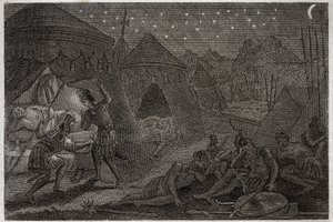 Bible of Royaumont, Det Gamle Testamente: David redder Saul. David har Saul i sine hænder, men han gør ham ikke ondt. Han tager bare spydet og sin kop. Illustration fra 1811. af Unknown artist