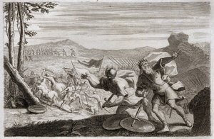 Bible of Royaumont, Gamle Testamente: Sauls nederlag. Sauls hær blev besejret af filistrene. Hans tre børn blev dræbt der, og efter at være blevet hårdt såret i kamp, dræbte han sig selv. Illustration fra 1811. af Unknown artist