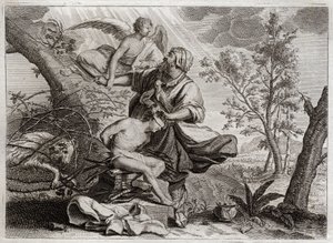 Bible of Royaumont, Gamle Testamente: Abrahams offer. En engel holder Abrahams hånd før hans søn Isaks ofring. Til venstre vil den belier Abraham dræbe i stedet. Illustration fra 1811. af Unknown artist