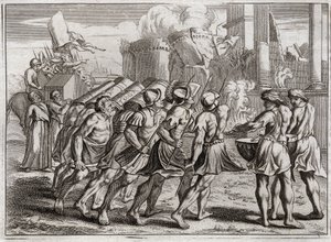 Bible of Royaumont, Gamle Testamente: Taget fra Jeriko. Jerikos mure falder til jorden til lyden af trompeterne fra de præster, der gik forud for Herrens pagtsark. Illustration fra 1811. af Unknown artist