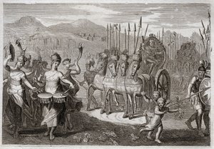 Bible of Royaumont, Gamle Testamente: Davids triumf. Efter at David havde besejret kæmpen Goliat, gik Israels kvinder foran ham for at ære hans triumf med jubel af glæde og lyden af instrumenter. Illustration fra 1811. af Unknown artist
