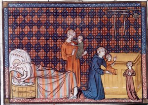 Fødsel og uddannelse af kongen af Frankrig Louis IX eller Saint Louis (1214-1270). Miniature fra manuskriptet "Life and Miracles of Saint Louis" af William af Saint Pathus af Unknown artist