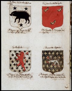 Blazoner af riddere af det runde bord: 1. Brallain, ridderen med to gynger, 2. Ridderen af Norgales, 3. Gallehault, 4. Amorate af Lystenois. sd. 19. århundrede. af Unknown artist