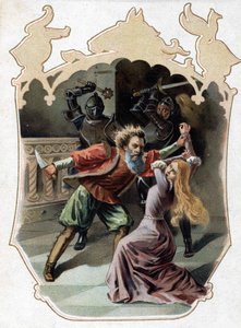 Blå skæg. Historien om Charles Perrault. 1697. Kromolitografi i slutningen af 1800-tallet. Klistermærke "" Til det billige""". "Det blå skæg forsøger at myrde sin kone, som forsøgte at komme ind i kabinettet, hvor de koner, han myrdede, er, for at straffe  af Unknown artist