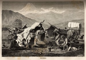 Bohemelejr. Gravering til illustration af rejsen i Kaukasus-provinserne, af Basile Vereschaguine, i 1864-1865, offentliggjort i "" Le tour du monde, nouveau journal des voyages"", redigeret af Edouard Charton af Unknown artist