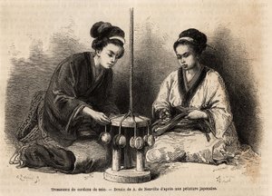 Fletter af silkesnore i deres værksted i Yedo (eller Edo, det nuværende Tokyo); disse fletninger er meget udvidede, da de bruges til at arrangere og vedligeholde militære og civile kostumer (japanerne ignorerer knappen og clipsen til at binde tøjet). Engra af Unknown artist