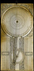 Messinginstrument kendt som "Jovilabe"" (Jovilabium) projiceret efter undersøgelser af Jupiters satellitperioder af astronomen Galileo Galilei (Galilæa) (1564-1642) omkring 1610. 1650-1700 Firenze, Istituto e Museo di Storia delle Scienze. af Unknown artist