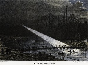 Bygning af forsvarsværker over Seinen om natten ved hjælp af buelys. Fransk-preussisk vorte af Unknown artist