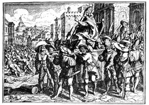 Tegneserie om pave Innocentius I under invasionen og plyndringen af Rom af Alarik I, vestgoternes konge, i 410 (Sac of Rome). Gravering - i "" The Chronicle of Goffredo"". af Unknown artist