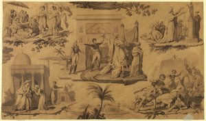 Tegneserie for trykt bomuldstekstil: Franskmændene i Egypten [Les Francais en Egypte] af Unknown artist