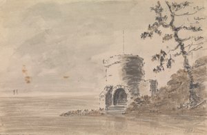 Slotsruin i landskabsscene med en sø af Unknown artist