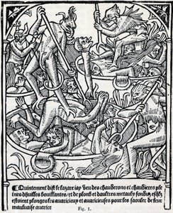 Kedler fulde af kogende olie og bly, som djævle kaster de grådige ned i for at få dem fulde med deres dårlige grådighedsbeskrivelse af helvedes Lazarus. Fac simile du "Calendrier des Bergers"" profetisk almanach trykt af Claude Nourry i 1504 for Jacques Hu af Unknown artist