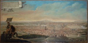 Cavalier view of Paris, med rytterportrættet af Chevalier des Essarts, ca. 1645 (olie på lærred) af Unknown artist