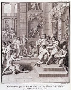 Ceremonier, som inkaerne iagttager ved at gøre riddere til deres blods fyrster - i "" Historisk rejse i Sydamerika udført efter ordre fra kongen af Spanien"" af Don Georges Juan & Don Antoine de Ulloa, T.II, red. Jombert, Librairie du Roi, Paris af Unknown artist