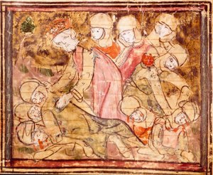 Charlemagne (742-814) finder liget af sin nevø Roland, der døde i slaget ved Roncesvaux Miniature fra "" Grandes Chronicles de France"" 1375-1379 kommunale bibliotek, Castres af Unknown artist