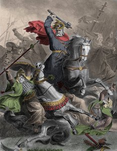 Charles Martel (690-741) fører frankerne til kampen mod den arabiske invasion i Tours (Frankrig), 732 (Slaget ved Poitiers) - Colorisee-gravering 1800-tallet - Charles Martel leder frankerne mod arabiske angribere i Tours, Frankrig, 732 e.Kr. - af Unknown artist