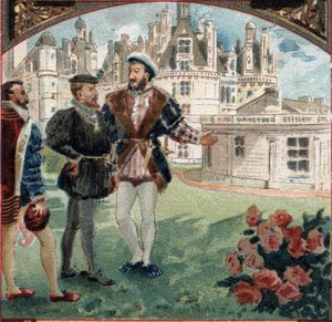 Charles V modtaget af Francois I på Chateau de Chambord. Kromolitografi i slutningen af det 19. århundrede af Unknown artist