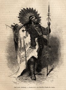 Chief Yellow Moccassin, af Crow Indian-stammen, der bor langs Lewis-floden. Gravering til illustration af en udflugt blandt indianerstammerne i bassinerne i Colombia og Upper Missouri, af G. Catlin, i 1855, udgivet i "" le tour du monde"", under af Unknown artist