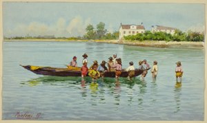 Børn med båd på den venetianske lagune af Unknown artist
