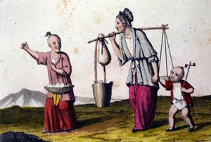 Kina. En kvinde bærer vand ledsaget af 2 børn, den store med en kurv med ris. Tryk af det 19. århundrede. af Unknown artist