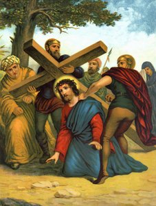 Kromolitografi fra slutningen af det 19. århundrede, der skildrer Kristi liv: Jesus falder først under korset. af Unknown artist