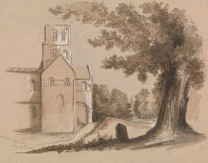 Kirke med træ og gravsten i forgrunden af Unknown artist