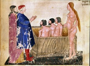 Circle of Adulators: Dante og Virgil møder Alessio Interminelli (eller Intermineii), Lord of Lucca og den prostituerede Thais. Oplyst side, der illustrerer den 18. helvedes sang fra "Divina Commedia" af Dante Alighieri (1265-1321). 1300-tallet, Venedig, af Unknown artist