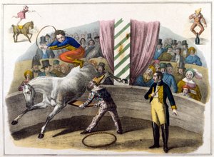 Cirkusscene, væbner, der laver kunstflyvning af Unknown artist