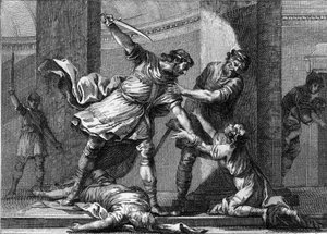 Clotaire (Clothaire) I (v.497-561) og Childebert I, de frankiske konger, myrdede to sønner af deres bror Clodomir (495-524). Stik af det 18. århundrede. af Unknown artist