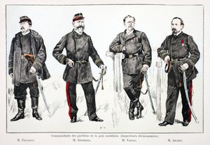 Kommandører for de mobiliserede fredsbevarende styrker (divisionsinspektører), fra venstre mod højre: Mr. Foucault, Mr. Giobergia, Mr. Vassal, Mr. Archer. Farveætsning, til illustration "History of the Corps of Peacekeepers"" bog udgivet i regi af Unknown artist
