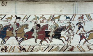 Englands erobring af hertugen af Normandiet Vilhelm Erobreren (1027-1087) i 1066: begyndelsen af slaget ved Hastings. Detalje af Bayeux-tapet eller broderi af dronning Mathilde af Unknown artist