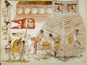 Erobring af Mexico: ødelæggelse af Tenochtitlan, hovedstaden i det aztekiske imperium, af soldaterne af conquistador Hernan Cortes (Hernando Cortez) (1485-1547) den 24/06/1520”” Miniature fra et manuskript af Unknown artist
