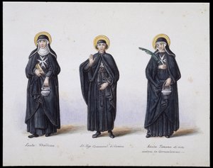 Kostumer: 1. Santa Ubaldesca, 2. St Ugo Commendant di Genova, 3. Santa Toscana di vita. sd. 19. århundrede af Unknown artist