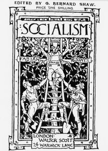 Forside af Fabian Society-magasinet "Socialism", redigeret af G. B. Shaw. Allegorien repræsenterer privilegiet øverst på skalaen, der symboliserer kapital og overvåger arbejdere med to våben. Gravering. af Unknown artist