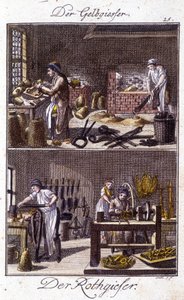 Håndværk: kobbersmelter og dinandier i deres værksteder. I “” Omfattende beskrivelse af kunsthåndværk og værksteder for unge”” af Johan Peter Vire. Ed. Nürnberg, Weigel og Schneider af Unknown artist