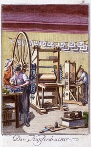 Håndværk: kobberstikkeren i sit værksted. I "" Omfattende beskrivelse af kunsthåndværk og værksteder for unge"" af Johan Peter Vire. Ed. Nürnberg, Weigel og Schneider af Unknown artist