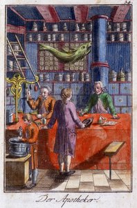Håndværk: apotekeren (apotekeren) i hans værksted. I “” Omfattende beskrivelse af kunsthåndværk og værksteder for unge”” af Johan Peter Vire. Ed. Nürnberg, Weigel og Schneider af Unknown artist