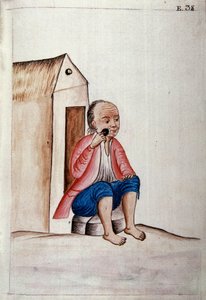 Daglig liv og skikke i Peru: "" Indisk barberer sit skæg på hans dørtrin "" Akvarel taget fra bogen "" Trujillo del Peru "" af Baltasar Martinez Companon y Bajanda, biskop af Trujillo (1782-1785). 1700-tallets Madrid. Biblioteca del Palacio Real af Unknown artist